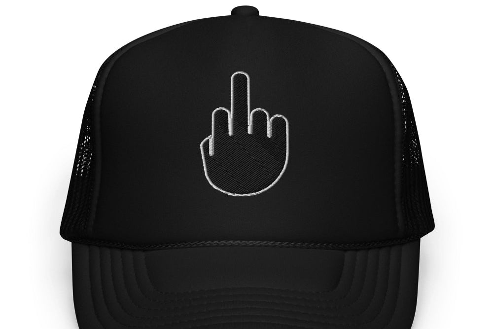 Black trucker cap with a white middle finger symbol on a white background